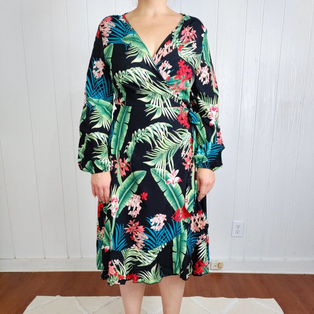 Shein Tropical Print Long Sleeve Wrap Dress